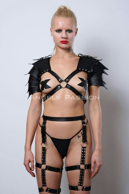 Kadın Gladyatör Cosplay Kostüm, Deri Jartiyer Harness Takım - APFT1345 - 5