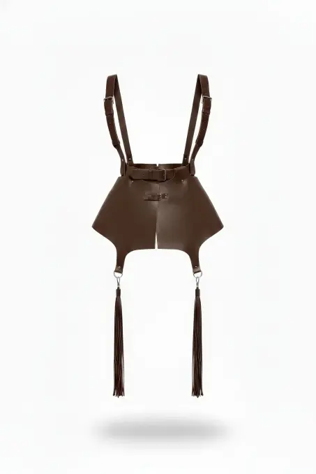 Kahverengi Etek Deri Omuzdan Bağlamalı Püsküllü Mini Etek - APFT787 - 1