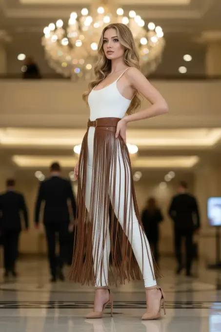 Kahverengi Etek Kalın Kemerli Uzun İp Detaylı Etek - APFT1003 - 5