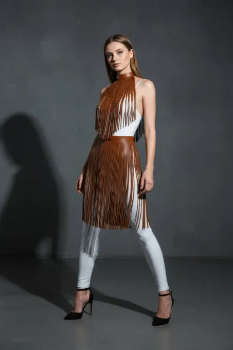 Kahverengi Etek Püskül Detaylı Etek Yüksek Bel Etek - APFT997 - 1