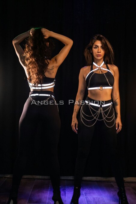 Karanlıkta Yansıyan Reflektörlü Zincirli Harness Takım, Dancewear, Partywear - APFT1365 - 1
