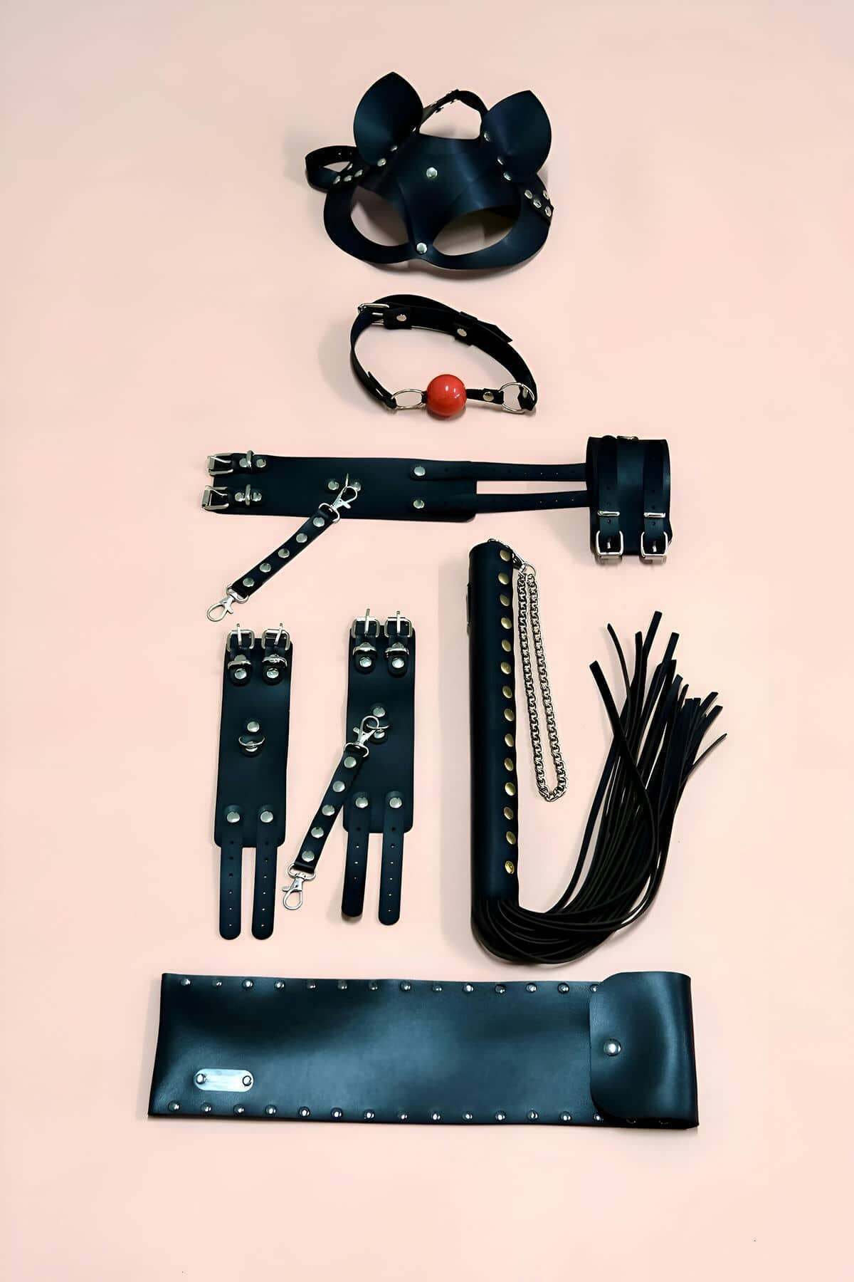 Kelepçe Kırbaç Set, 5'Li Set, El - Ayak Kelepçesi, Maske, Ağız Topu - 1307