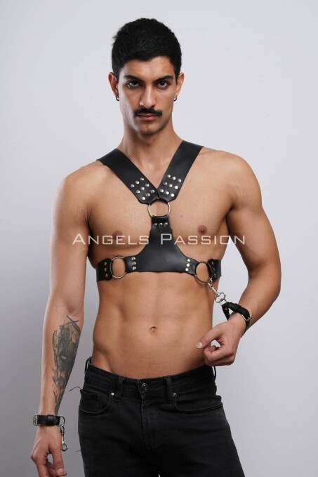 Kelepçeli Erkek Göğüs Harness, Deri Erkek Fantezi Harness, Kelepçeli Erkek Harness - APFTM121 - 2