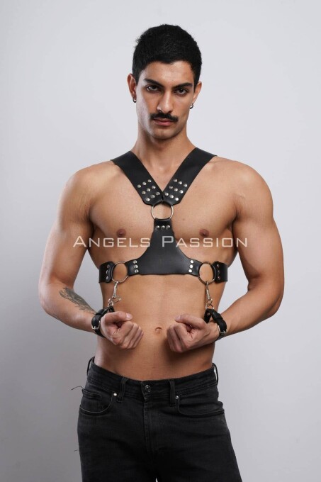 Kelepçeli Erkek Göğüs Harness, Deri Erkek Fantezi Harness, Kelepçeli Erkek Harness - APFTM121 - 3