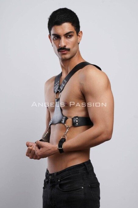 Kelepçeli Erkek Göğüs Harness, Deri Erkek Fantezi Harness, Kelepçeli Erkek Harness - APFTM121 - 4