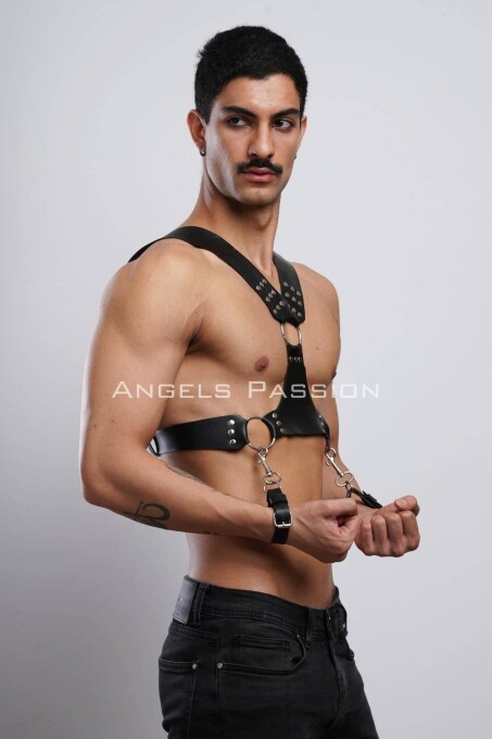 Kelepçeli Erkek Göğüs Harness, Deri Erkek Fantezi Harness, Kelepçeli Erkek Harness - APFTM121 - 5