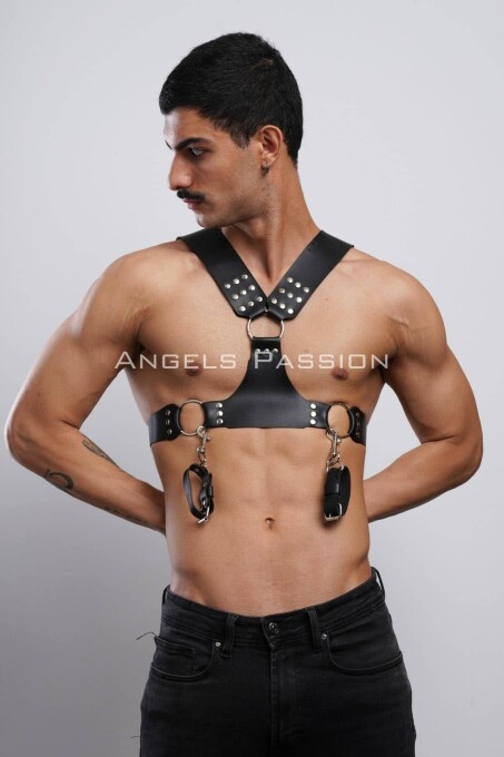 Kelepçeli Erkek Göğüs Harness, Deri Erkek Fantezi Harness, Kelepçeli Erkek Harness - APFTM121 - 7