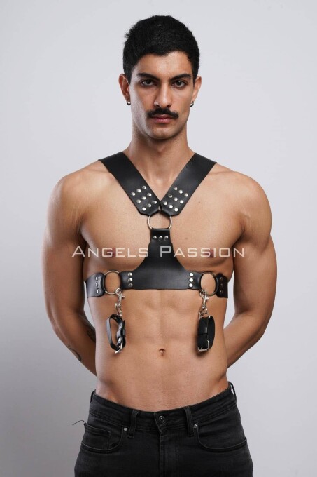 Kelepçeli Erkek Göğüs Harness, Deri Erkek Fantezi Harness, Kelepçeli Erkek Harness - APFTM121 - 8