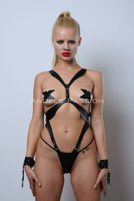 Kelepçeli Full Body Harness Set, Deri Fantezi İç Giyim, Bayan İç Giyim - APFT1102 - 7