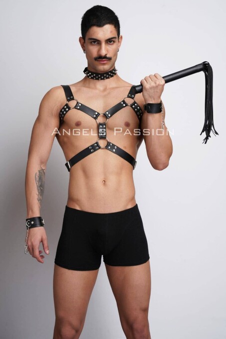 Kırbaç ve Çivili Choker Detaylı Erkek Fantazi Giyim, Deri Erkek Harness Takım - APFTM102 - 10