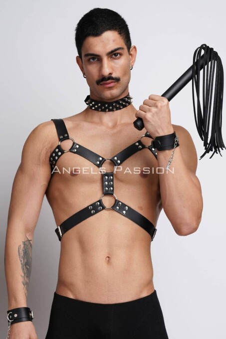 Kırbaç ve Çivili Choker Detaylı Erkek Fantazi Giyim, Deri Erkek Harness Takım - APFTM102 - 11