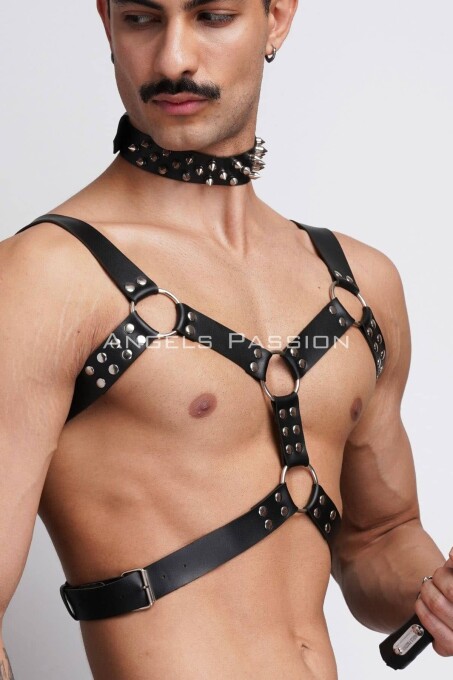 Kırbaç ve Çivili Choker Detaylı Erkek Fantazi Giyim, Deri Erkek Harness Takım - APFTM102 - 9