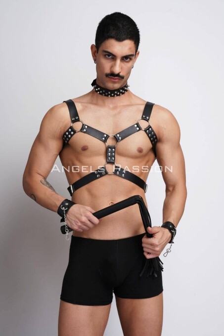 Kırbaç ve Çivili Choker Detaylı Erkek Fantazi Giyim, Deri Erkek Harness Takım - APFTM102 - 1