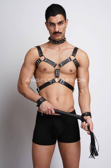 Kırbaç ve Çivili Choker Detaylı Erkek Fantazi Giyim, Deri Erkek Harness Takım - APFTM102 - 2