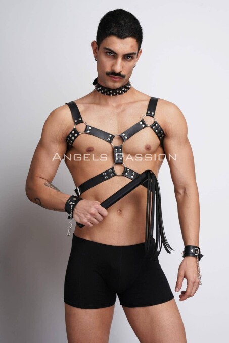 Kırbaç ve Çivili Choker Detaylı Erkek Fantazi Giyim, Deri Erkek Harness Takım - APFTM102 - 4
