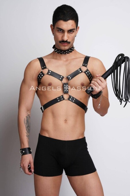 Kırbaç ve Çivili Choker Detaylı Erkek Fantazi Giyim, Deri Erkek Harness Takım - APFTM102 - 6