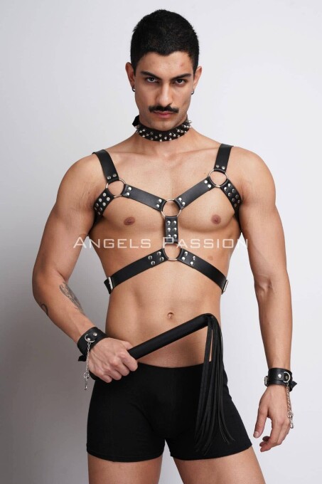 Kırbaç ve Çivili Choker Detaylı Erkek Fantazi Giyim, Deri Erkek Harness Takım - APFTM102 - 8