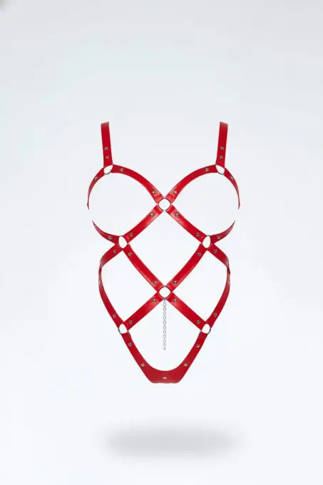 Kırmızı Body Harness Deri Kafes Yapılı Metal Halka Detaylı - APFT542 - 1