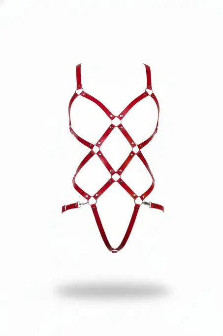 Kırmızı Body Harness Deri Kafes Yapılı O Halka Detaylı - APFT811 - 1