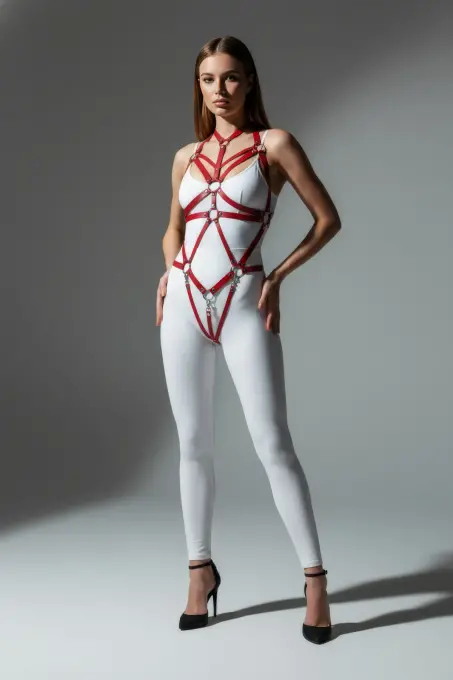 Kırmızı Body Harness Deri Metal Halka Detaylı - APFT316 - 4