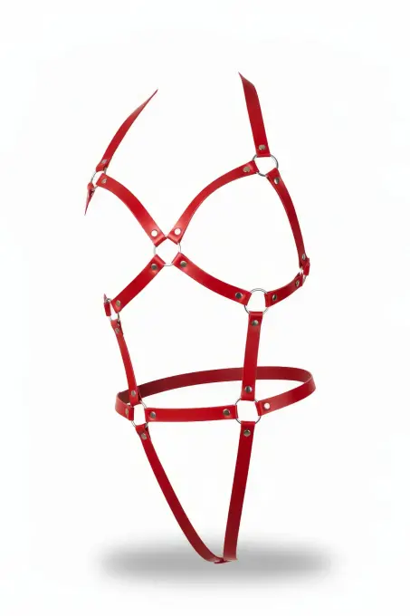 Kırmızı Body Harness Deri Metal Halka Detaylı - APFT759 - 1