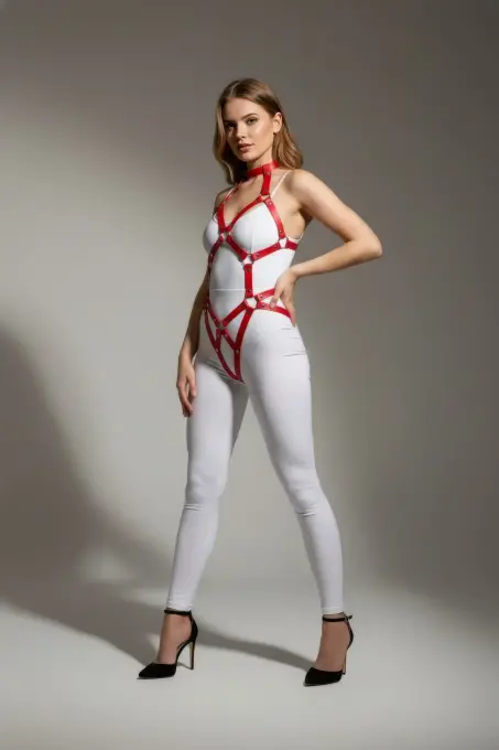 Kırmızı Body Harness Deri Tokalı Metal Halka Detaylı - APFT514 - 2