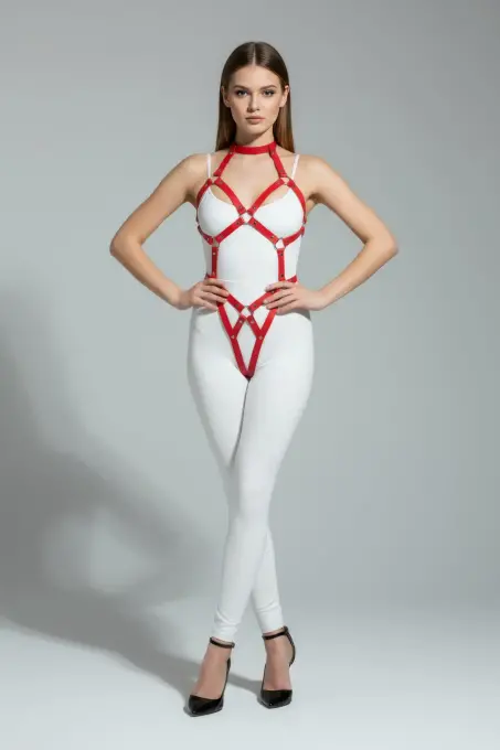 Kırmızı Body Harness Deri Tokalı Metal Halka Detaylı - APFT514 - 3