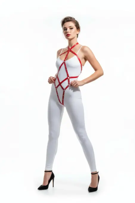 Kırmızı Body Harness Parlak Deri Çapraz Bağlamalı Vücut Aksesuarı - APFT295 - 1