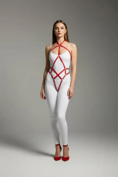 Kırmızı Body Harness Parlak Deri Çapraz Bağlamalı Vücut Aksesuarı - APFT295 - 2