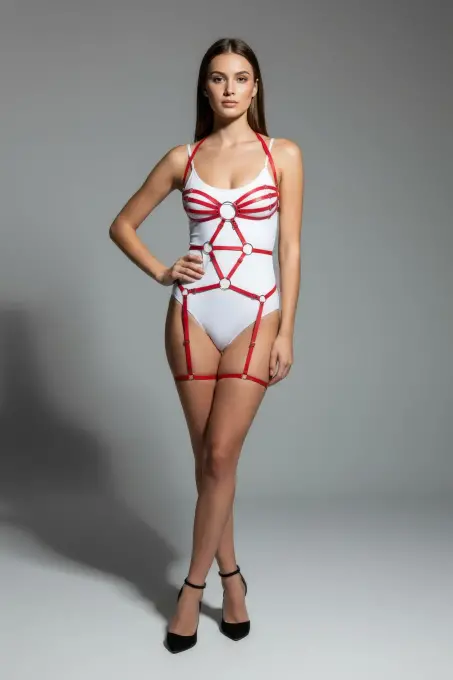 Kırmızı Body Harness Parlak Deri O Halka Detaylı Vücut Aksesuarı - APFT568 - 4