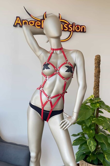 Kırmızı Deri Dansçı Özel Harness - 2