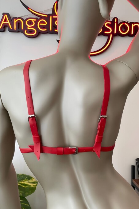 Kırmızı Deri Sütyen Harness - 5