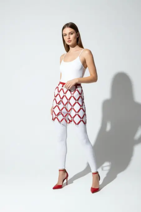 Kırmızı Etek Deri Baklava Desenli Halka Detaylı Etek Mini Etek - APFT694 - 1