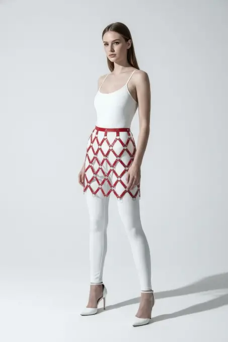 Kırmızı Etek Deri Baklava Desenli Halka Detaylı Etek Mini Etek - APFT696 - 1