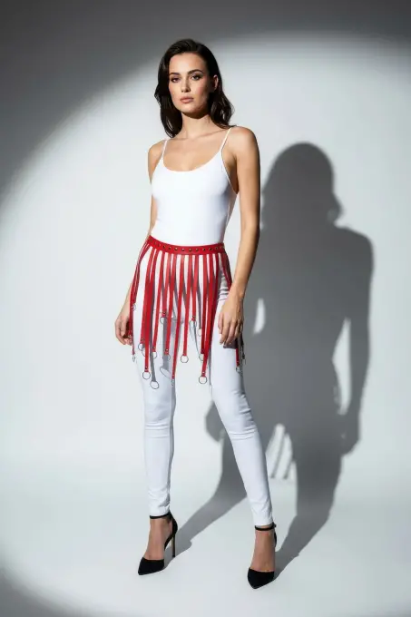 Kırmızı Etek Deri Halka Detaylı Etek Mini Etek Aksesuar - APFT579 - 3