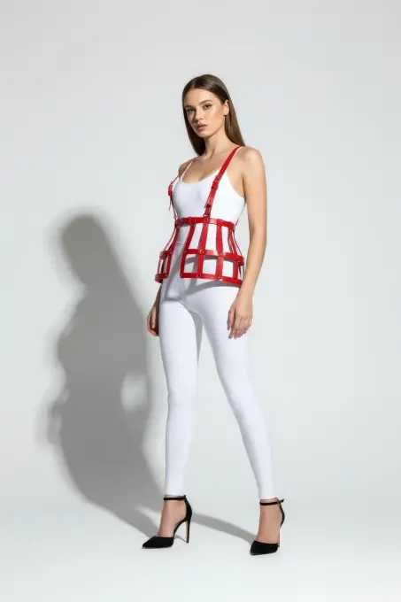 Kırmızı Etek Deri Kafes Detaylı Etek Yüksek Bel Etek Korse - APFT983 - 1