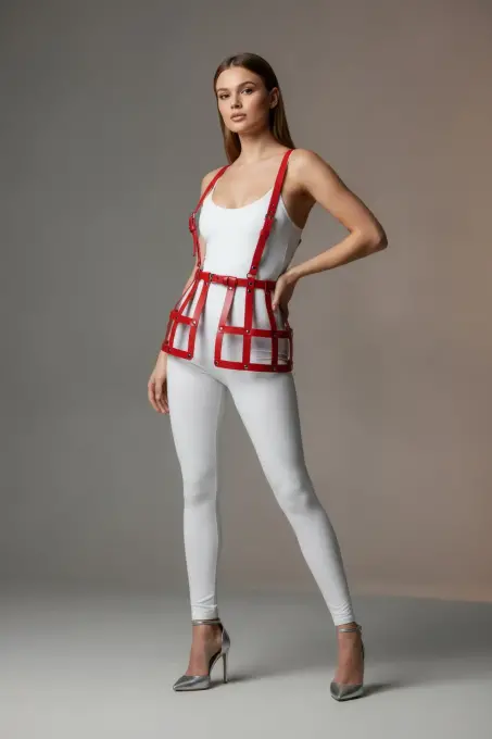 Kırmızı Etek Deri Kafes Detaylı Etek Yüksek Bel Etek Korse - APFT983 - Angels Passion (1)