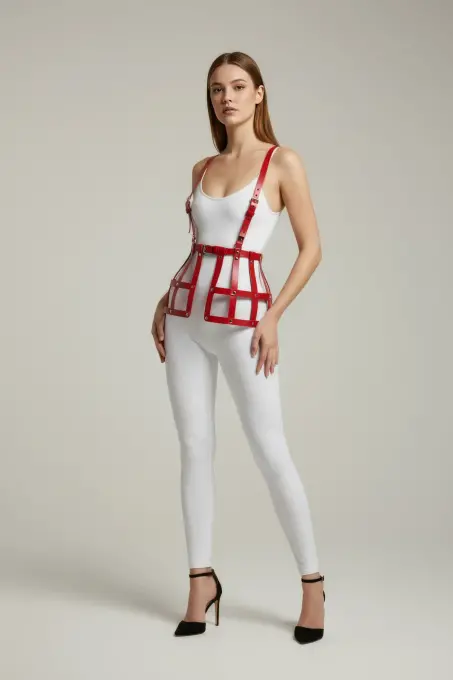 Kırmızı Etek Deri Kafes Detaylı Etek Yüksek Bel Etek Korse - APFT983 - 3