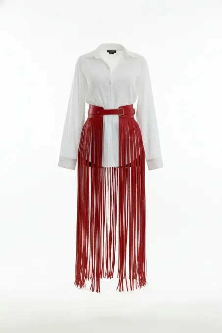 Kırmızı Etek Deri Püsküllü Uzun Maksi Kemerli - APFT1003 - 1