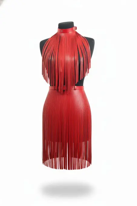 Kırmızı Etek Deri Şerit Detaylı Etek Yüksek Bel Etek Midi Boy Deri Etek - APFT997 - 1