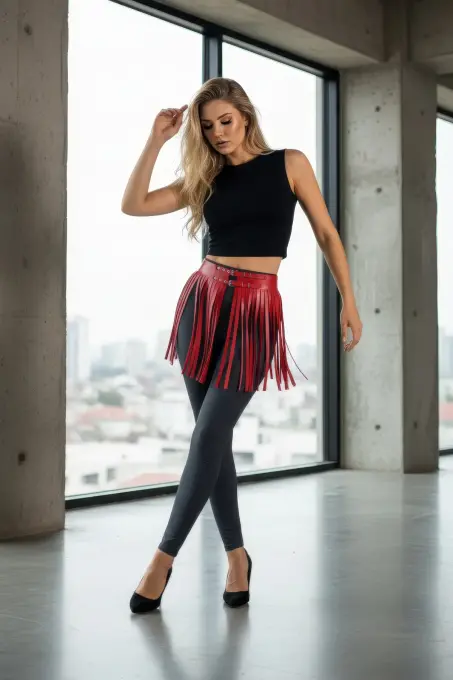 Kırmızı Etek Deri Tokalı Püsküllü Kısa Etek - APFT1400 - 1