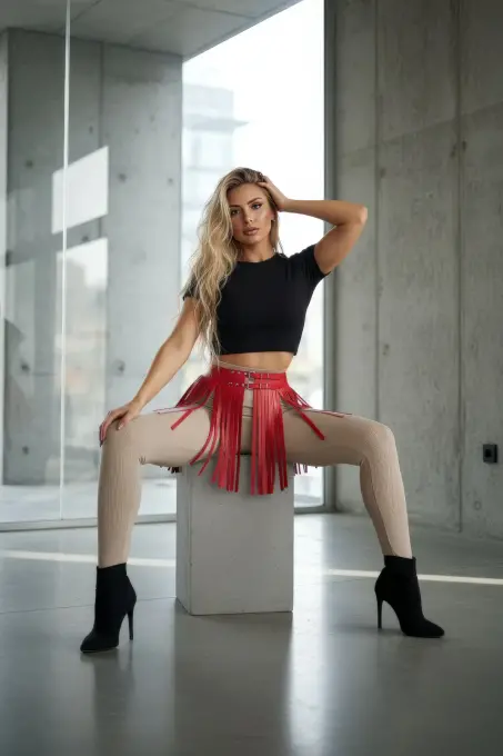 Kırmızı Etek Deri Tokalı Püsküllü Kısa Etek - APFT1400 - 3