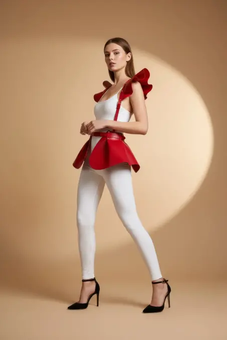 Kırmızı Etek Deri Volanlı Omuz Peplum - APFT1001 - 2