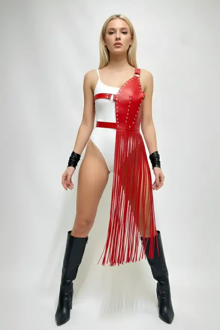 Kırmızı Etek Deri Zımba Detaylı Etek Püsküllü - APFT1014 - 1