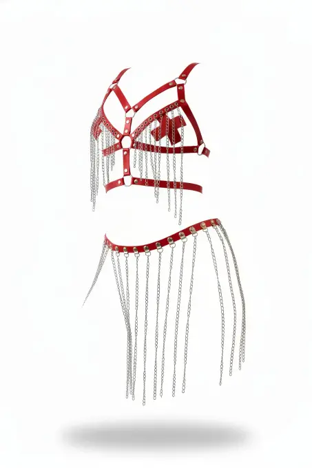 Kırmızı Etek Deri Zincir Detaylı Etek Halka Aksesuarlı - APFT496 - 1