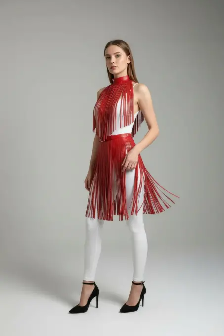 Kırmızı Etek Püsküllü Suni Deri Etek Yüksek Bel Etek - APFT997 - Angels Passion (1)