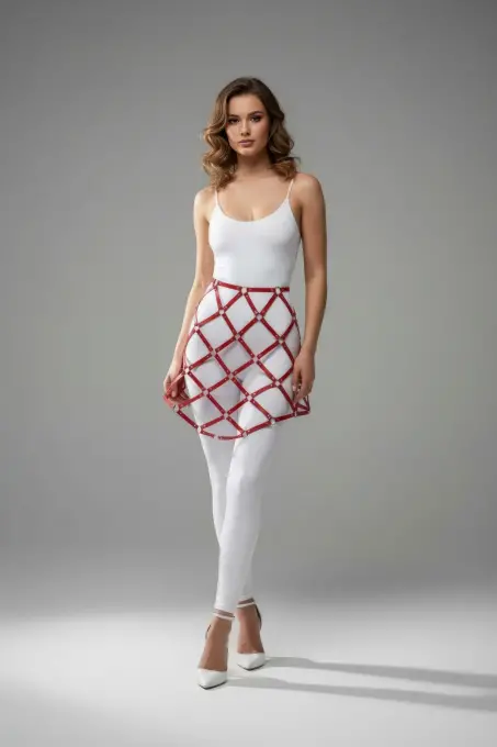 Kırmızı Etek Suni Deri Etek Kafes Desenli Mini Etek - APFT982 - 1