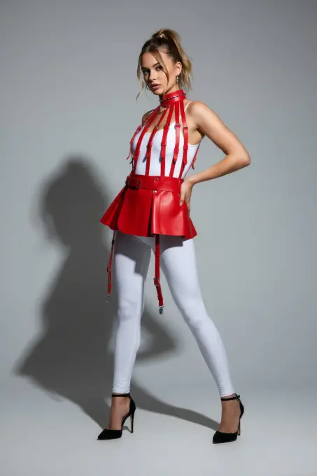 Kırmızı Etek Suni Deri Etek Yüksek Bel Etek Kloş Mini Etek - APFT998 - 1