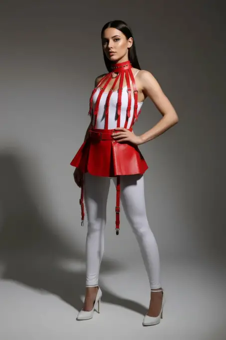 Kırmızı Etek Suni Deri Etek Yüksek Bel Etek Kloş Mini Etek - APFT998 - 3