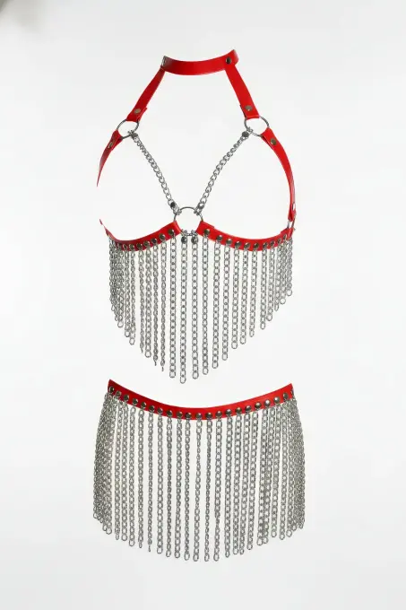 Kırmızı Etek Suni Deri Etek Zincir Detaylı Etek Mini Etek - APFT504 - 1